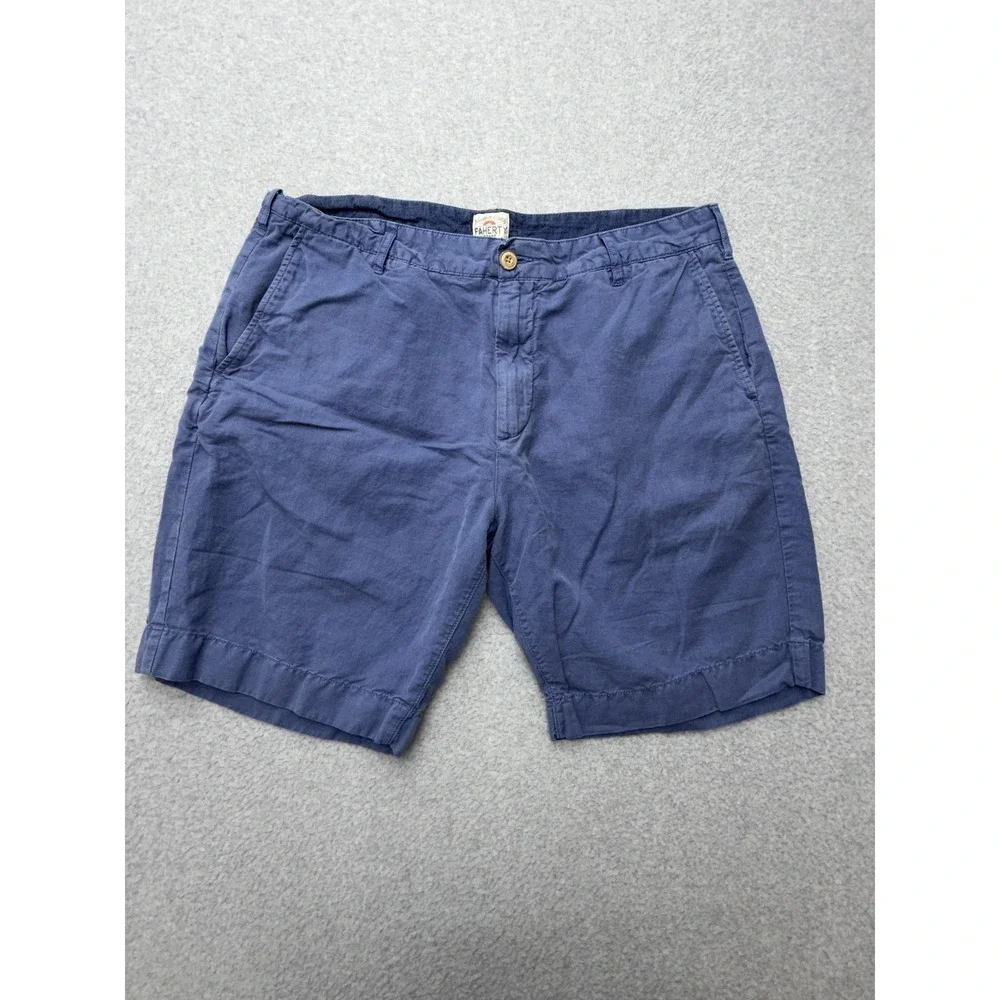 Faherty Shorts Mens 34 Blue Linen Cotton Chino 9 Inseam Lightweight Casual